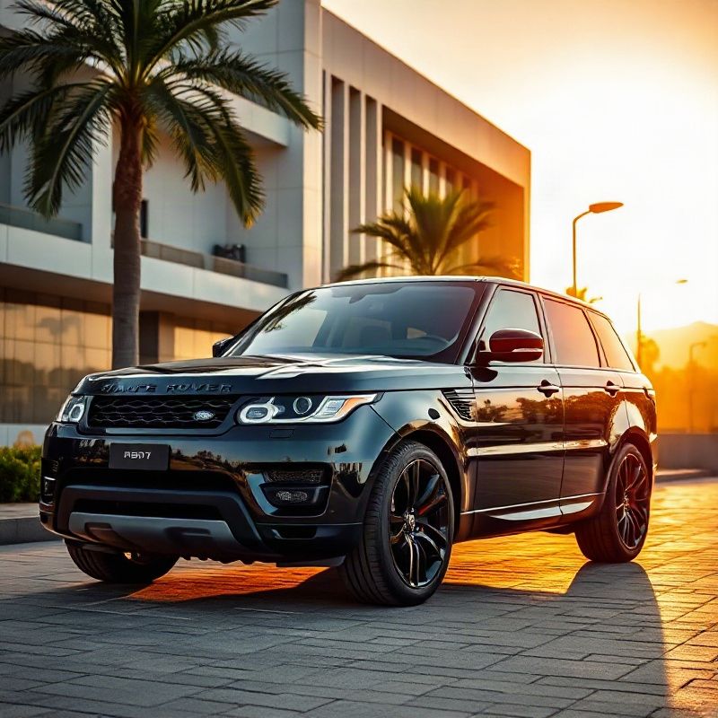 Range Rover Sport estacionado na esplanada modernista de Brasília sob luz dourada