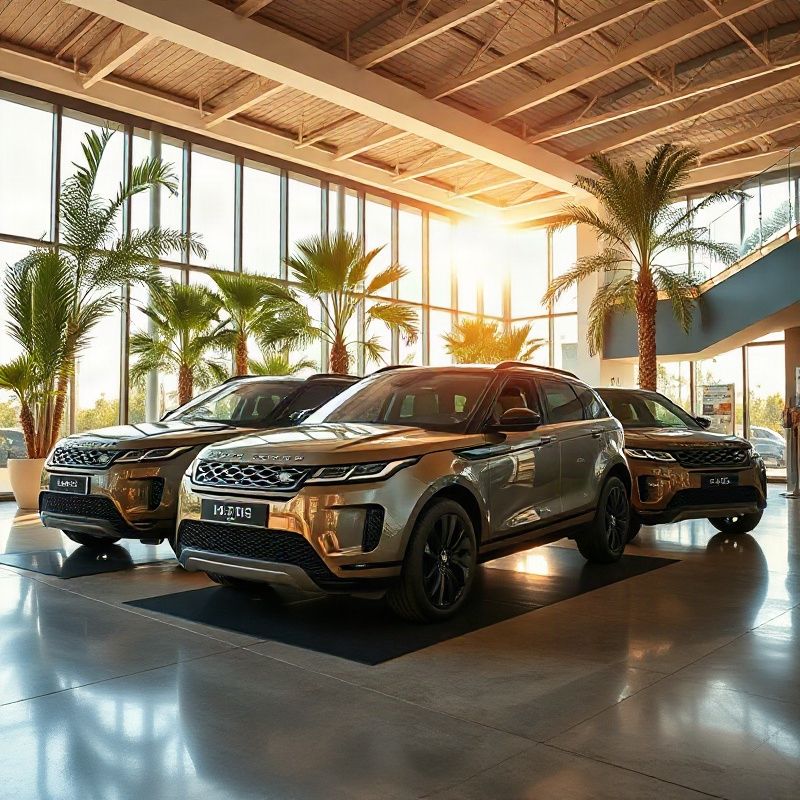Três Range Rover em showroom com piso de concreto polido e luz natural