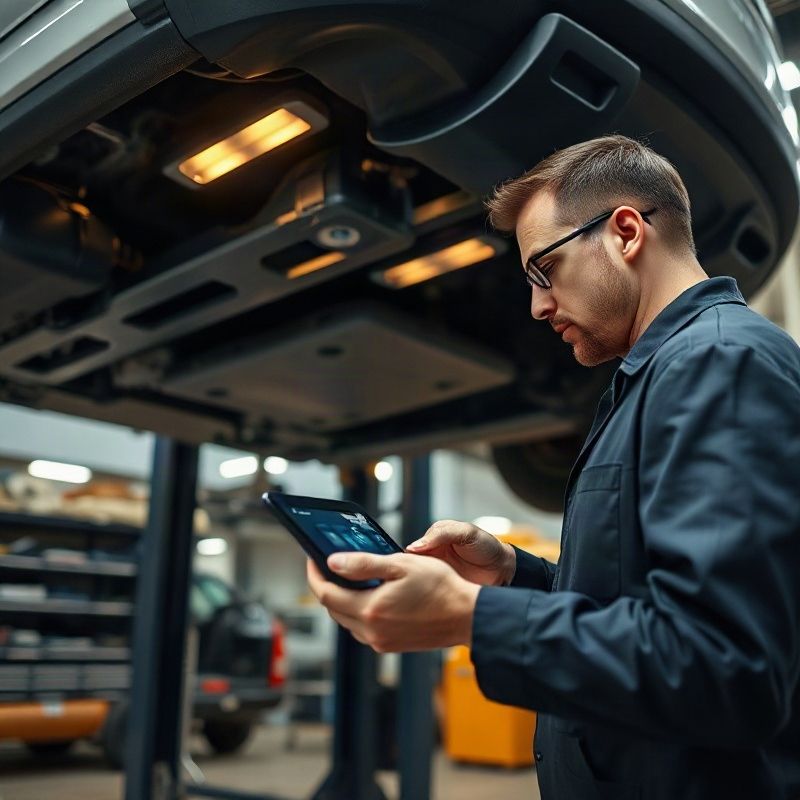 Especialista inspeciona a parte inferior de um Range Rover com tablet de diagnóstico OBD